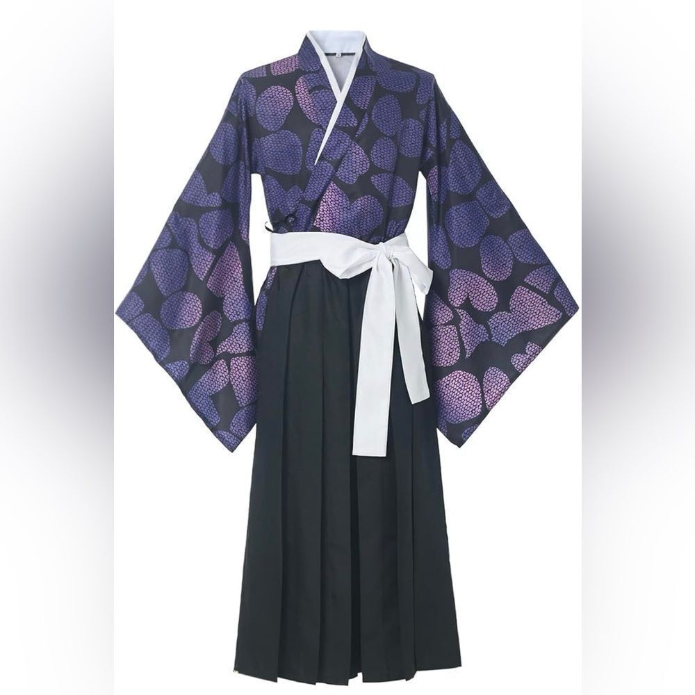 Japanese Kimono Robe Yukata Cosplay Costume XL Purple Black Anime Style
